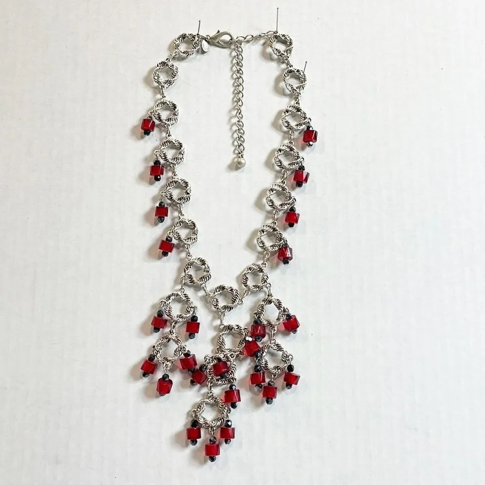 Chico's Vintage Women’s Necklace Silver-tone Red‎ Jewel Adjustable Chandelier